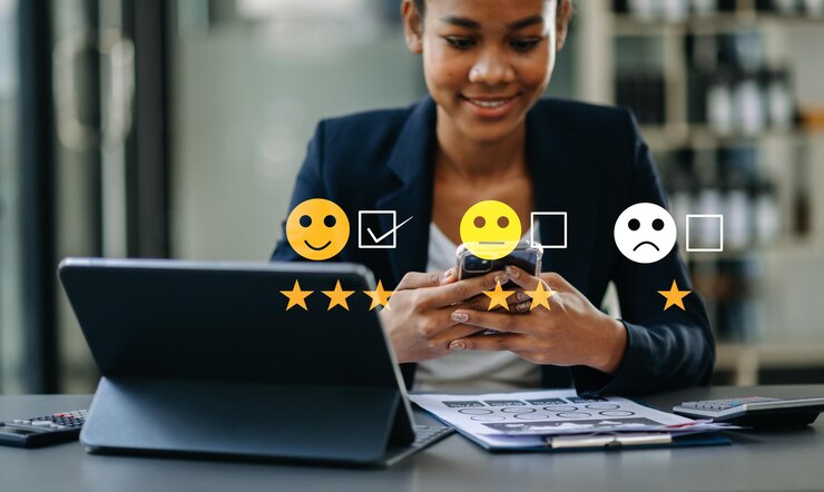 Photo concept d'évaluation du service à la clientèle femme d'affaires appuyant sur le visage sourire emoticon afficher sur l'écran virtuel sur la tablette et le smartphone dans officexa