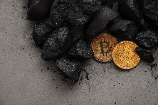 Concept d'exploitation minière bitcoin pièce de monnaie crypto-monnaie bitcoin d'or dans un tas de charbon