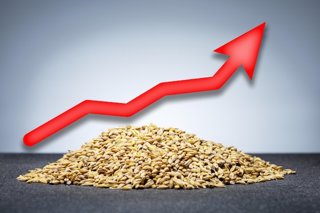 Concept d'exportation ou d'importation de blé Pile de blé et flèche rouge vers le haut Hausse des prix du blé en Europe ou dans le monde