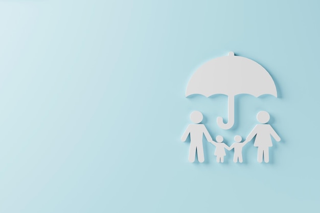 Concept de famille d'assurance maladie Vue de dessus de la famille d'icônes et parapluie sur fond bleu clair rendu 3d