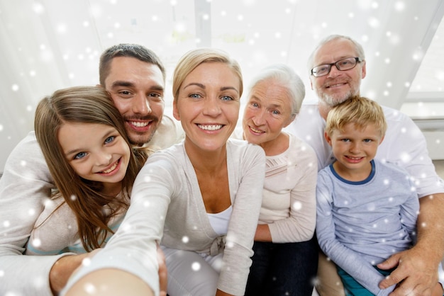 concept de famille, de technologie, de génération et de personnes - famille heureuse assise sur un canapé et prenant un autoportrait avec un appareil photo ou un smartphone à la maison