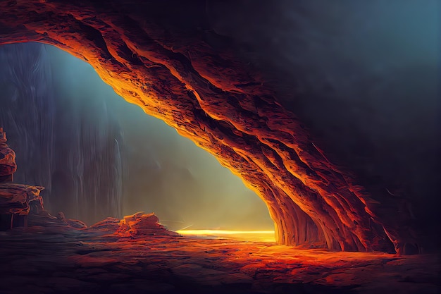 Concept fantastique du portail de l'arche illuminée dans la roche dans la dimension souterraine Peinture d'illustration de style d'art numérique