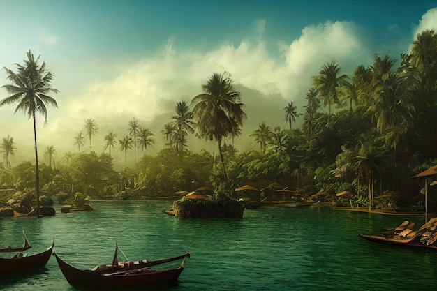 Concept fantastique montrant une vue latérale horizontale de peinture d'art numérique d'hôtels célèbres de Bali