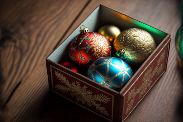 Le concept festif avec les boules de Noël et la boîte cadeau sur la table en bois