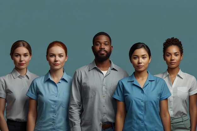 Photo concept de la fête du travail groupe diversifié de travailleurs solidaires sur un fond bleu clair