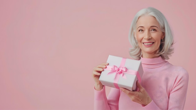 Photo concept de la fête des mères avec une femme âgée tenant un cadeau blanc avec un ruban rose