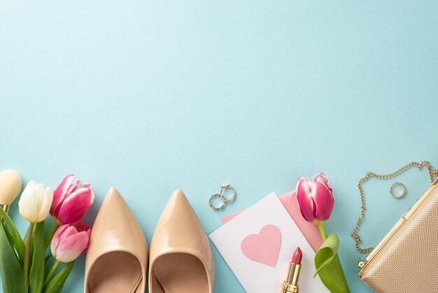 Photo concept de la fête des mères à la mode, sac à main à talons hauts, boîte à cadeaux, tulipes, rouge à lèvres, carte postale sur fond bleu pastel avec un espace vide pour le texte ou la publicité.