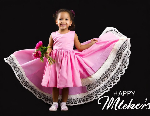 Photo le concept de la fête des mères avec une petite fille en robe rose isolée