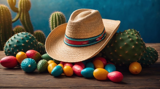 Concept de fête mexicaine et chapeau sombre avec un cactus placé sur une table en bois avec un fond bleu