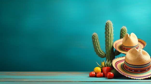 Photo concept de fête mexicaine avec des maracas de cactus et un chapeau sombrero sur une table en bois sur fond bleu