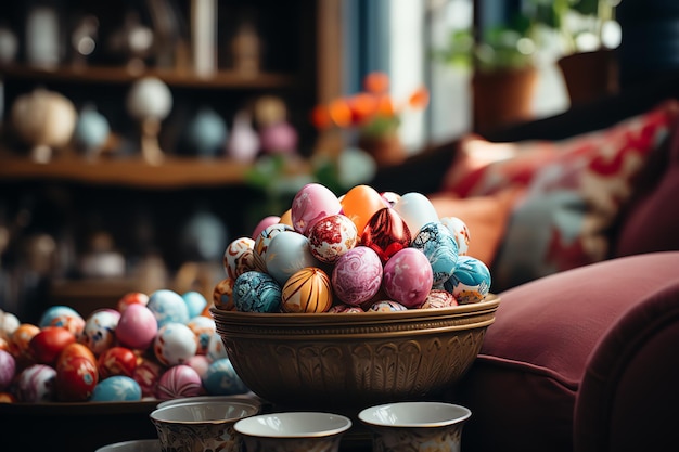 Le concept de la fête de Pâques dans le salon avec des bonbons de lapin ou des œufs décoratifs colorés Célébration de la Pâque