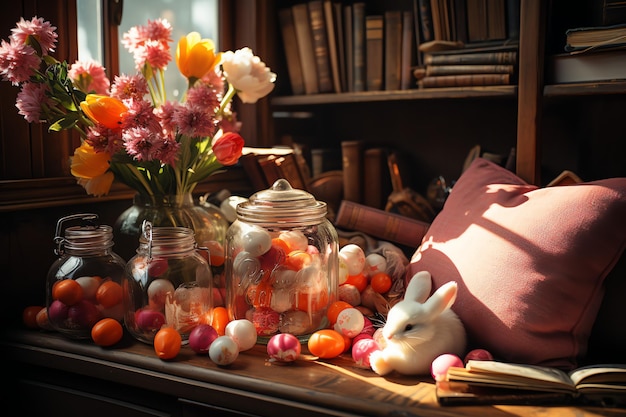 Le concept de la fête de Pâques dans le salon avec des bonbons de lapin ou des œufs décoratifs colorés Célébration de la Pâque