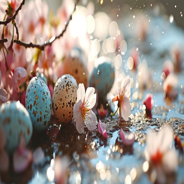 Concept de fête de Pâques Photo de vue supérieure des œufs de Pâque avec des fleurs blancs roses bleus et jaunes