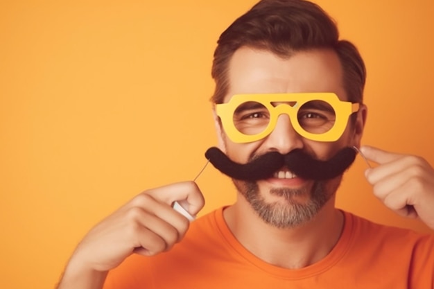 Concept de la fête des pères Bel homme avec moustache et lunettes sur fond orange Affiche drôle