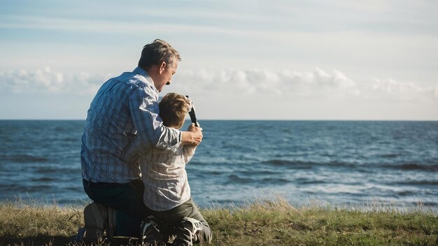 Le concept de la fête des pères avec le père et le fils devant la mer