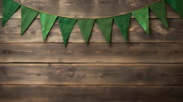 Le concept de la fête de Saint-Patrick avec une guirlande de drapeaux sur fond de bois