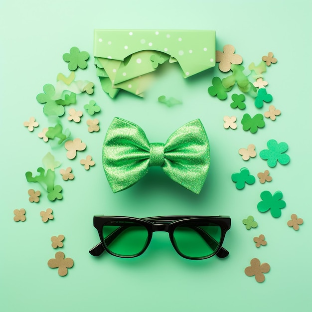 Concept de la fête de Saint-Patrick Photo en vue supérieure des boîtes de cadeaux avec des nœuds de ruban pot avec des pièces d'or trefo