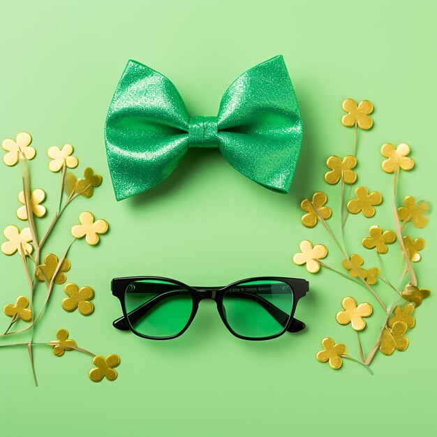 Concept de la fête de Saint-Patrick Photo en vue supérieure des boîtes de cadeaux avec des nœuds de ruban pot avec des pièces d'or trefo