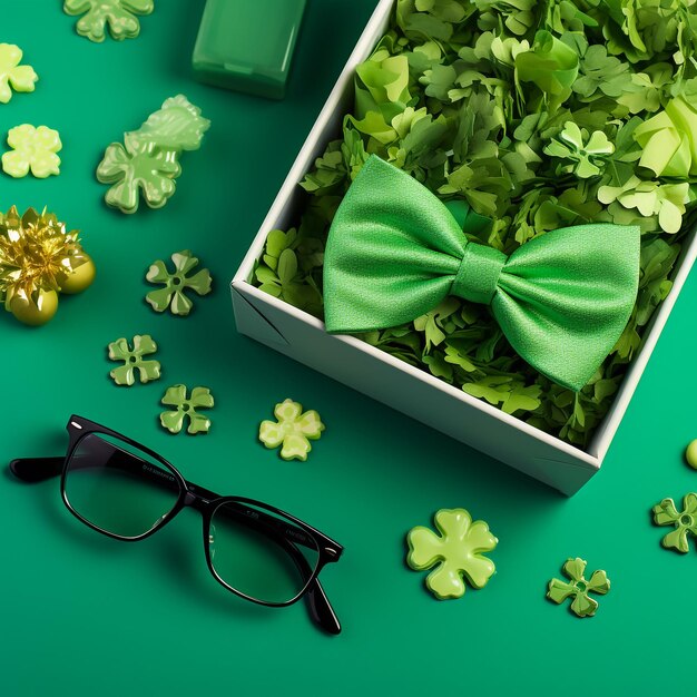 Concept de la fête de Saint-Patrick Photo en vue supérieure des boîtes de cadeaux avec des nœuds de ruban pot avec des pièces d'or trefo