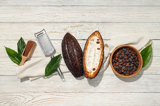 Concept de fèves de cacao alimentaires fraîches et aromatiques