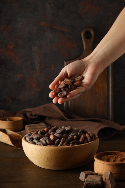 Concept de fèves de cacao alimentaires fraîches et aromatiques