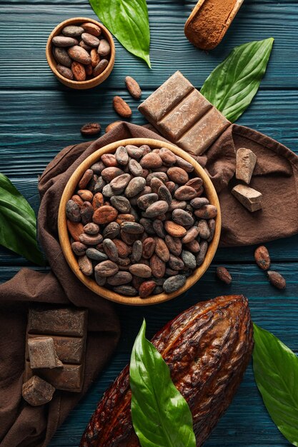 Photo concept de fèves de cacao alimentaires fraîches et aromatiques