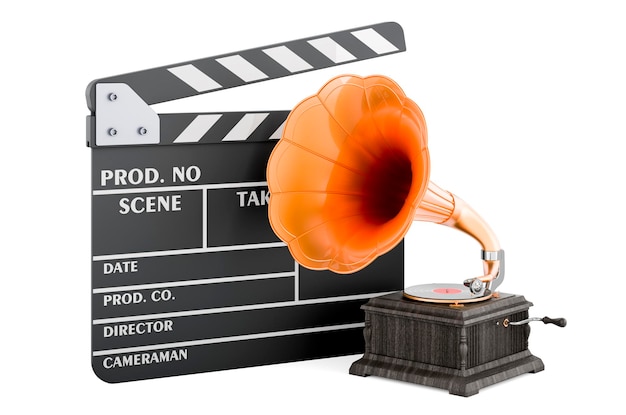 Concept de film rétro Clap avec rendu 3D gramophone vintage