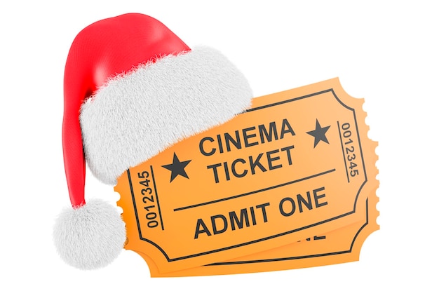 Concept de films de Noël Billets de cinéma avec rendu 3D du bonnet de Noël de Noël