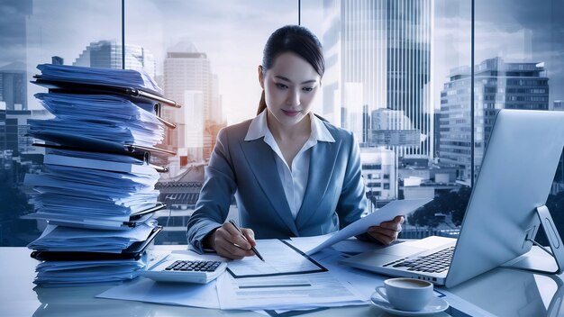 Photo concept de finance et de comptabilité femme d'affaires travaillant au bureau