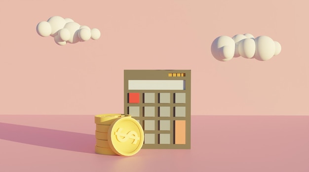 Concept financier avec calculatrice et argent en pièces d'or. rendu 3d