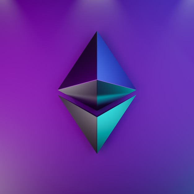 Concept de fond abstrait de la technologie Ethereum Cryptocurrency. Logo en métal bleu rose sur fond futuriste en bleu. Rendu d'illustrations 3D.