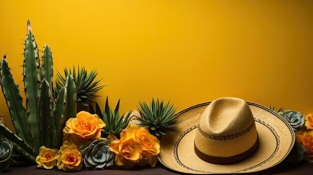 Concept de fond de la bannière Cinco de Mayo avec un cactus et des fleurs en ornement de chapeau sombrero