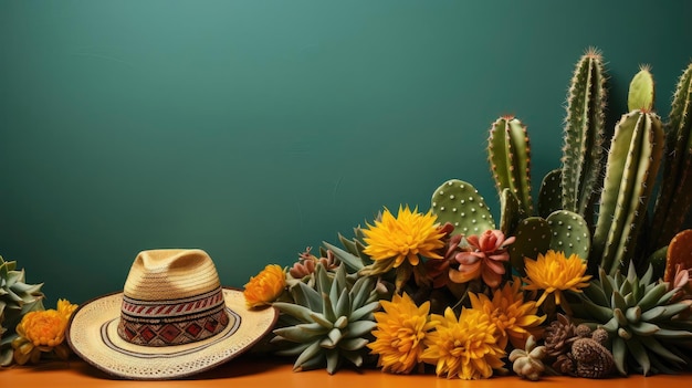 Concept de fond de bannière Cinco de Mayo avec ornement de chapeau sombrero cactus et fleurs