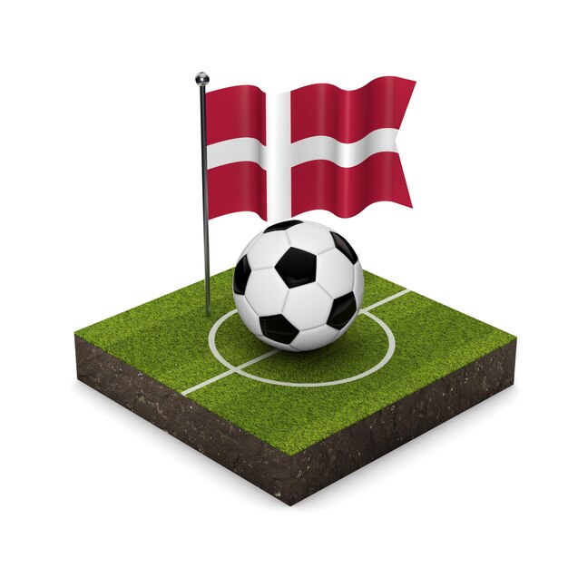 Concept de football drapeau Danemark Balle de drapeau et terrain de football icône isométrique rendu 3D