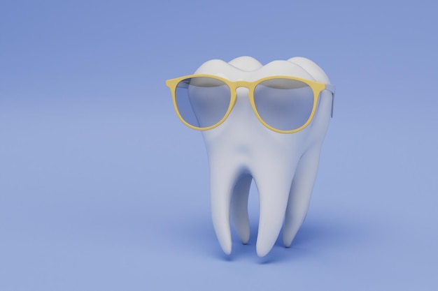 Concept de formation des dentistes modèle de dent dans des verres sur un fond bleu copier coller copie espace rendu 3d