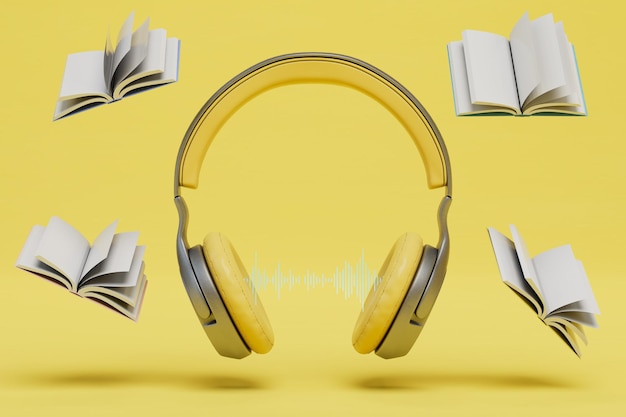 Le concept de formation sur les écouteurs de livres audio et les livres ouverts volant sur fond jaune