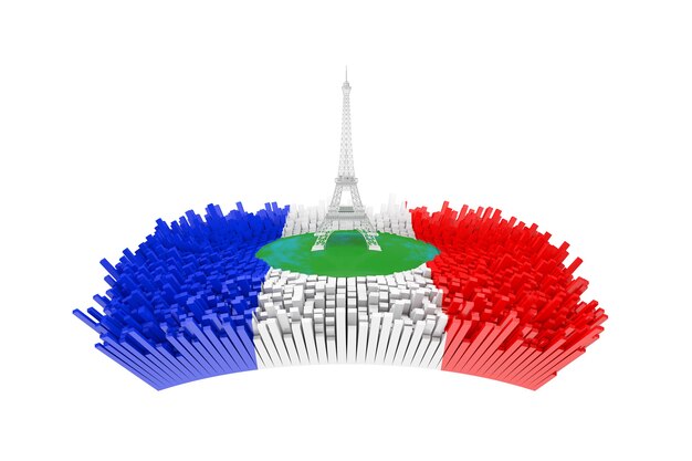 Concept français. Tour Eiffel abstraite au centre de la ville abstraite de Paris avec de nombreux bâtiments abstraits avec le drapeau de la France sur fond blanc. Rendu 3D