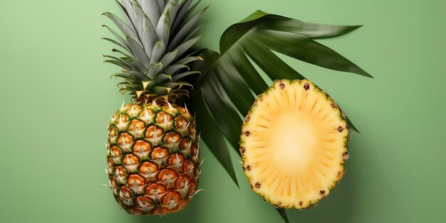 Concept de fruits d'été Photo de vue supérieure Fruits frais et coupés en deux avec une feuille de monstera sur un fond de couleur douce