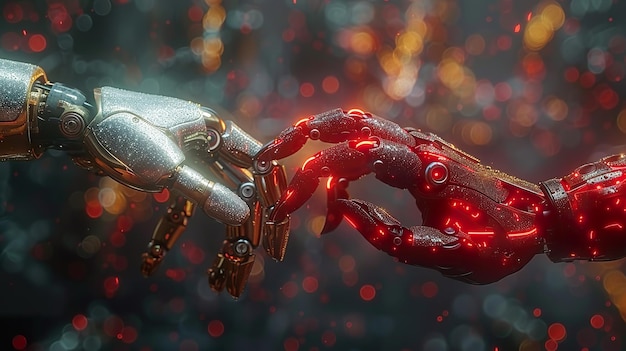 Le concept futuriste de poignée de main des robots rouges et argentés