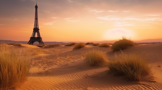 Concept futuriste de sauver la planète Tour Eiffel parisienne dans les sables du désert Catastrophe écologique le changement climatique généré par l'IA