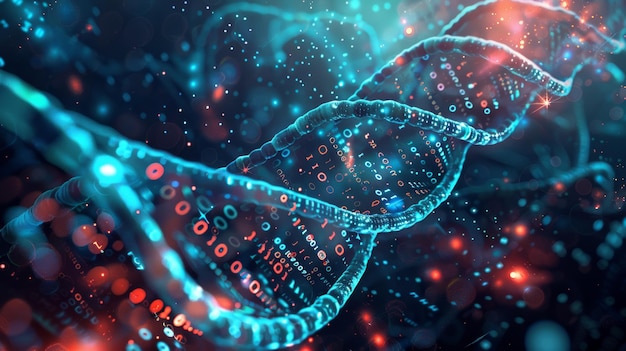 Concept futuriste de stockage de données d'ADN avec code binaire et fils lumineux