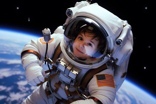 Concept généré par AI d'un petit enfant portant une combinaison spatiale cosmonaute