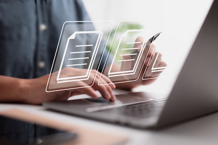Photo concept de gestion de documents à l'aide de symboles sur un écran virtuel, erp