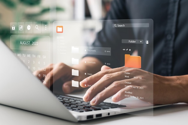 Concept de gestion de documents Icones d'écran virtuel Système de gestion des documents DMS Logiciel de base de données de documents en ligne pour une recherche d'archivage efficace et la gestion des fichiers et des données de l'entreprise