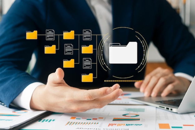 Concept de gestion de documents Icones d'écran virtuel Système de gestion des documents DMS Logiciel de base de données de documents en ligne pour une recherche d'archivage efficace et la gestion des fichiers et des données de l'entreprise