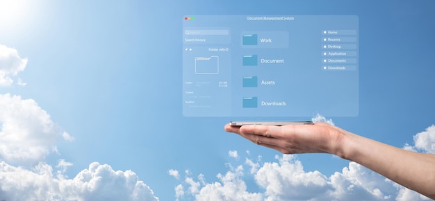 Concept de gestion de documents Icones d'écran virtuel Système de gestion des documents DMS Logiciel de base de données de documents en ligne pour une recherche d'archivage efficace et la gestion des fichiers et des données de l'entreprise