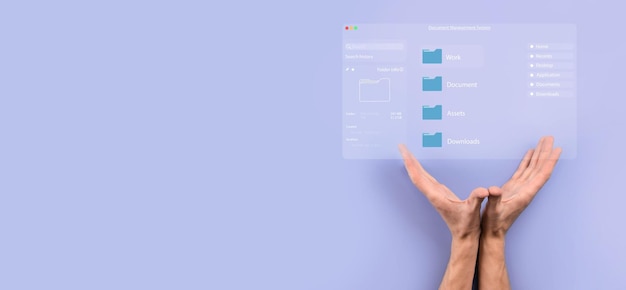 Concept de gestion de documents Icones d'écran virtuel Système de gestion des documents DMS Logiciel de base de données de documents en ligne pour une recherche d'archivage efficace et la gestion des fichiers et des données de l'entreprise
