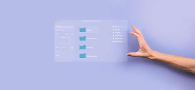 Concept de gestion de documents Icones d'écran virtuel Système de gestion des documents DMS Logiciel de base de données de documents en ligne pour une recherche d'archivage efficace et la gestion des fichiers et des données de l'entreprise