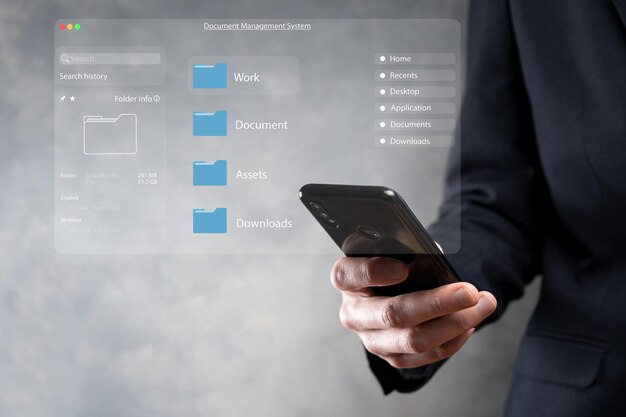 Concept de gestion de documents Icônes d'écran virtuel Système de gestion de documents DMS Logiciel de base de données de documents en ligne pour une recherche d'archivage et une gestion efficaces des fichiers et des données de l'entreprise
