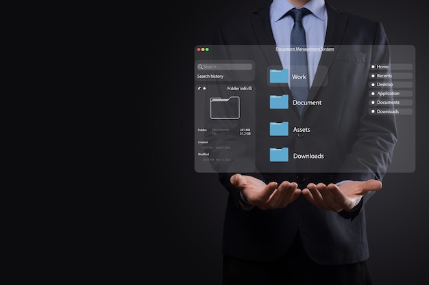 Concept de gestion de documents Icônes d'écran virtuel Système de gestion de documents DMS Logiciel de base de données de documents en ligne pour une recherche d'archivage et une gestion efficaces des fichiers et des données de l'entreprise